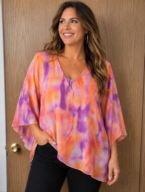 Flowy V-Neck Tie-Dye Blouse in Orange and Purple Top